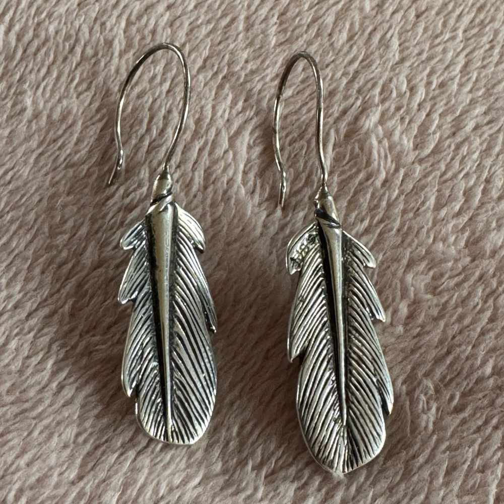 Sterling Silver Feather Dangle Earrings Signed IJS (?) Southwestern Boho Western